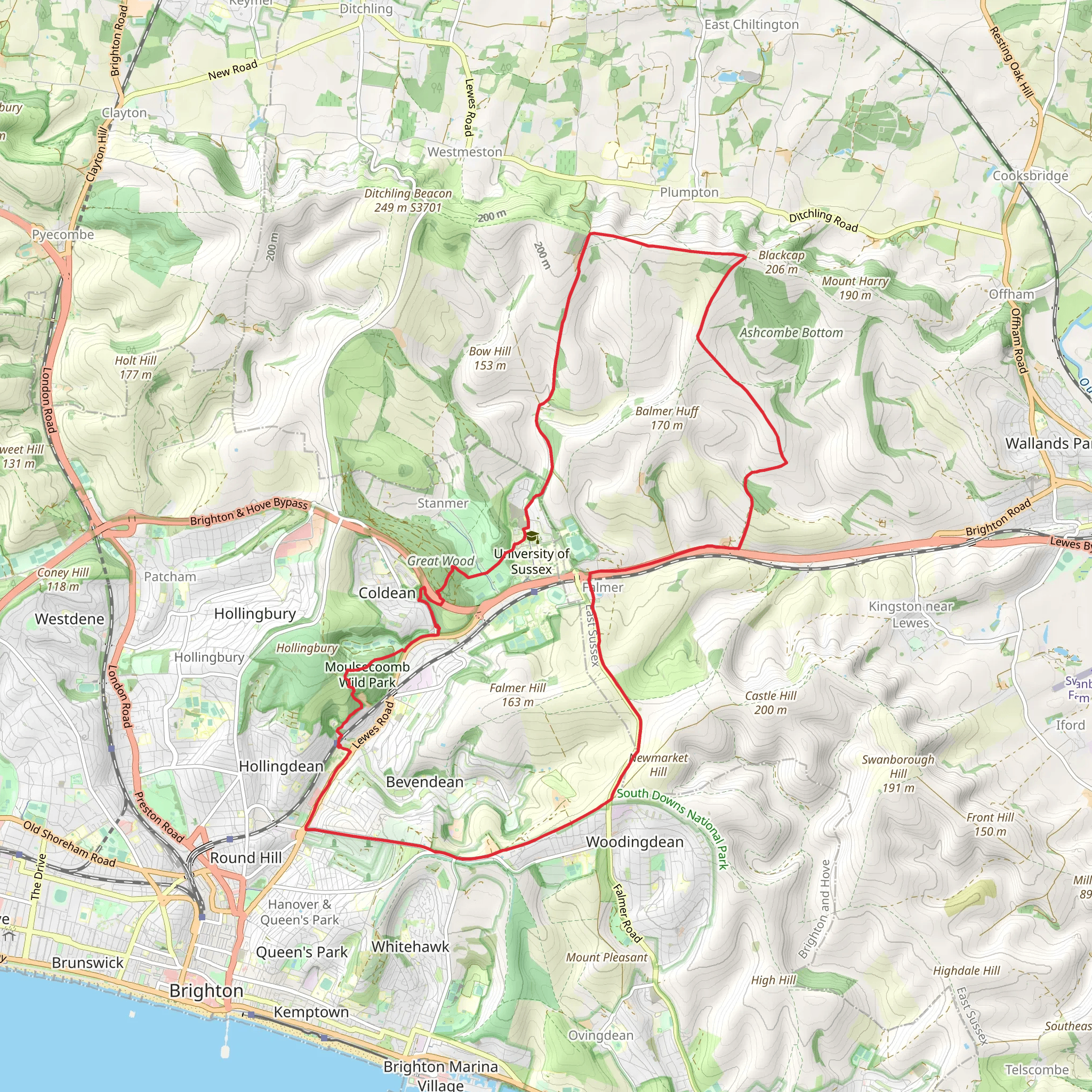 Moulsecoombe to Falmer Loop via University of Sussex mobile static map