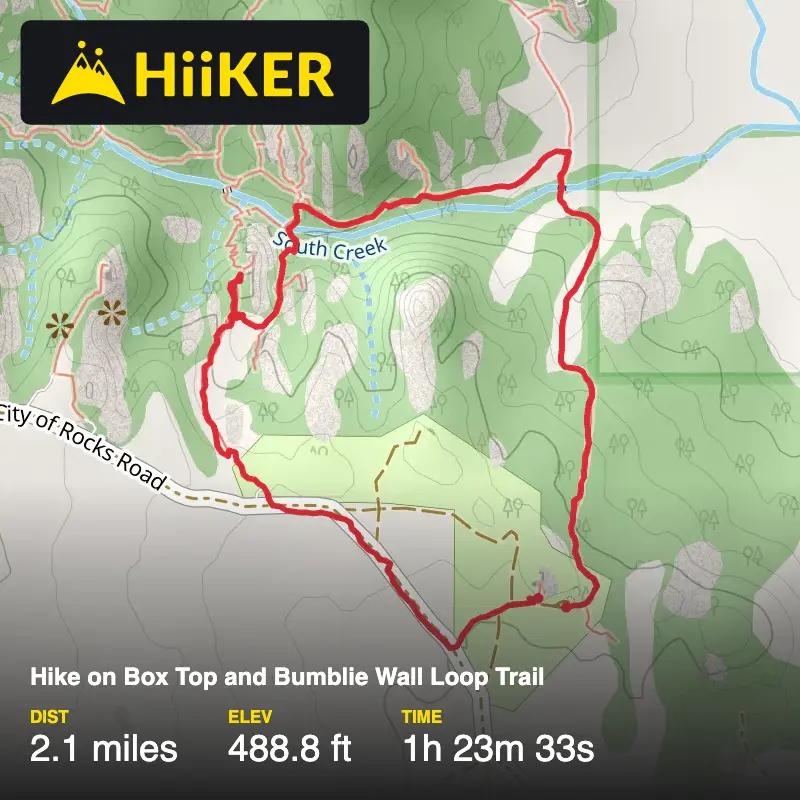 A map preview of the recording Hike on Box Top and Bumblie Wall Loop Trail.