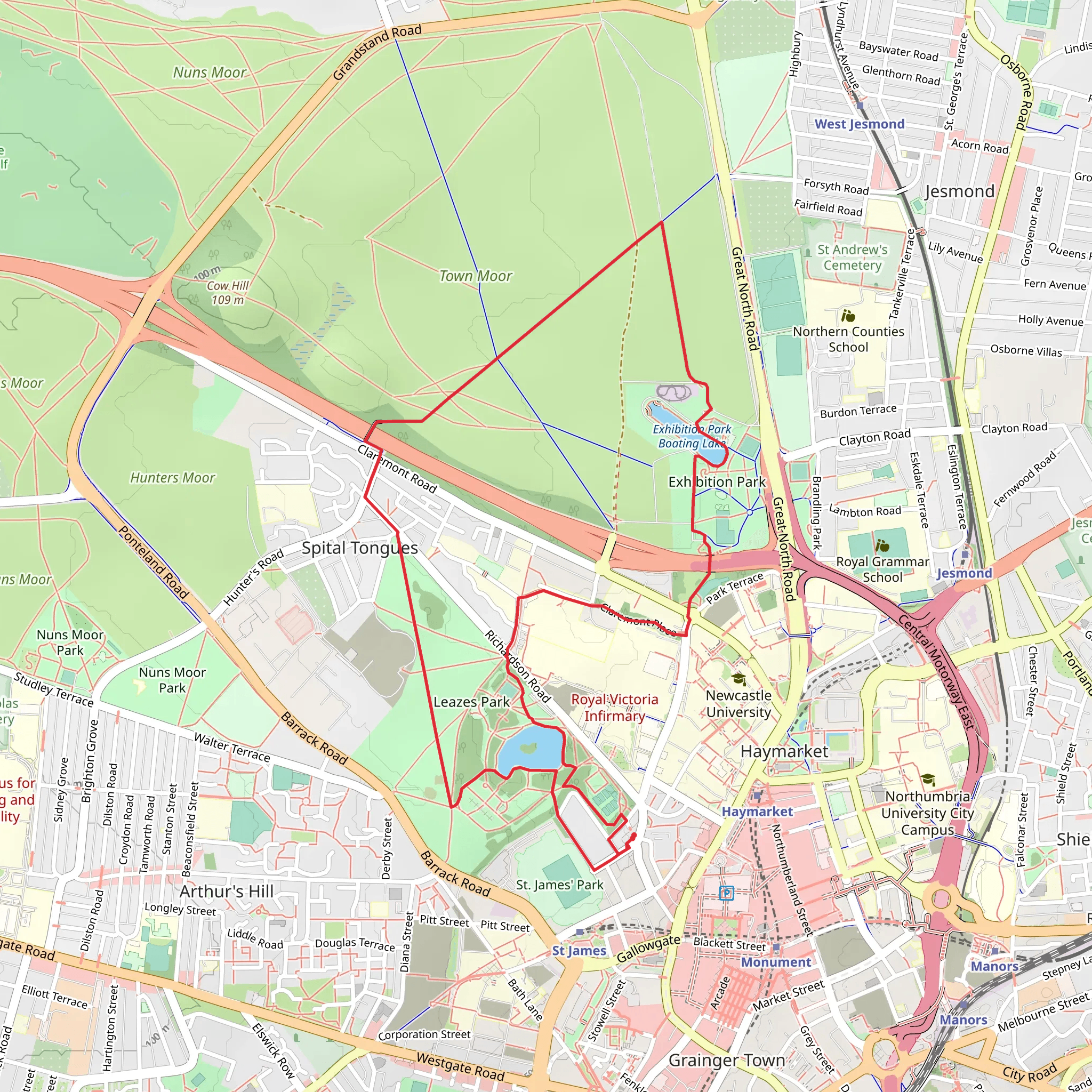 Leazes Park and Exhibition Park Lake Loop mobile static map