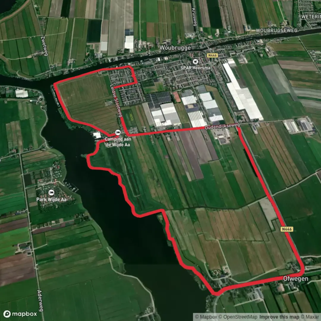 An image depicting the trail Wijde Aa via Kerk Weg and Oudelandsedijk and its surrounding area.