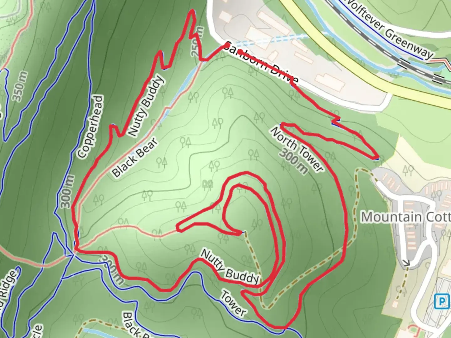 An image depicting the trail North Tower and Nutty Buddy Loop and its surrounding area.
