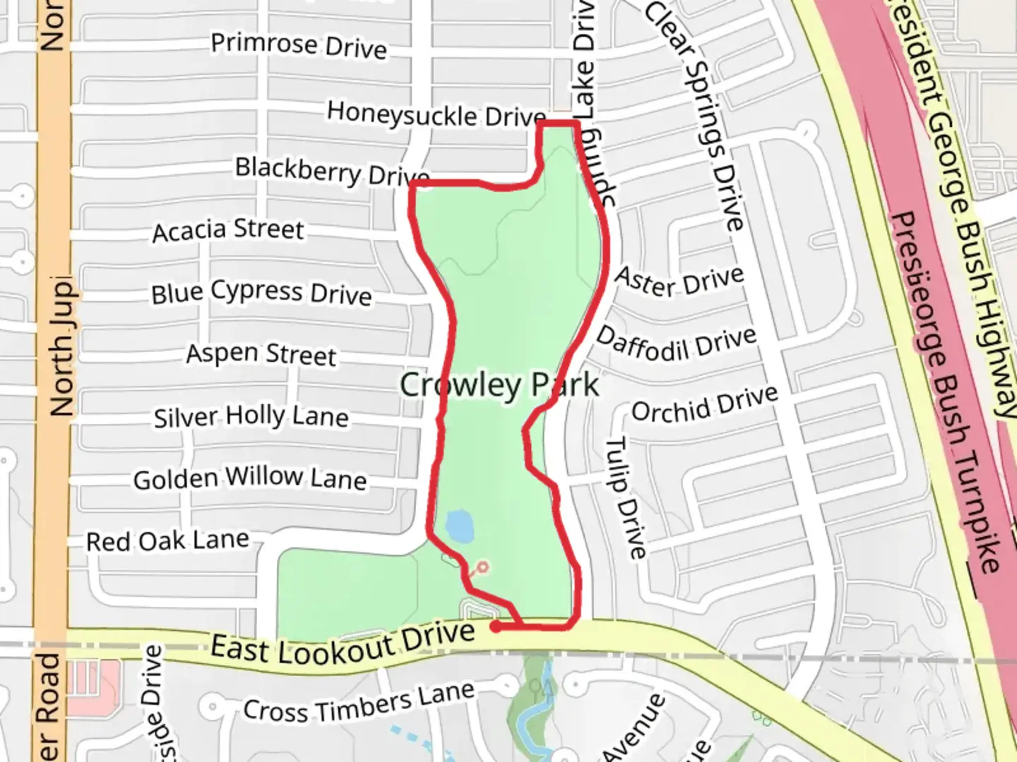 An image depicting the trail Crowley Park Loop and its surrounding area.