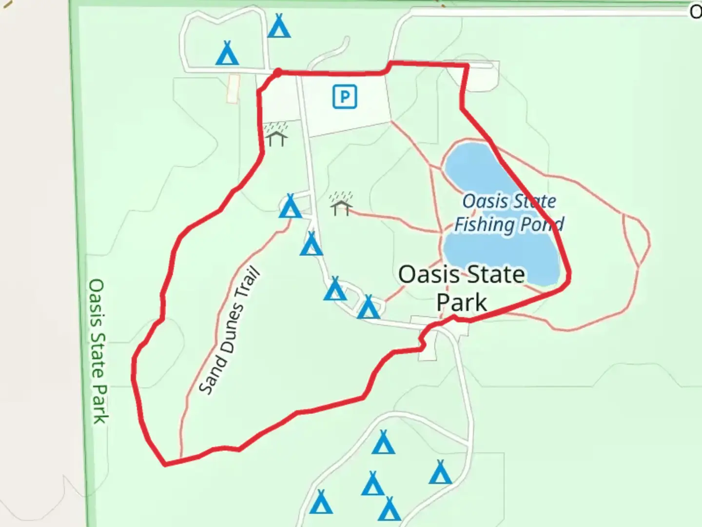 An image depicting the trail Oasis State Fishing Pond Loop and its surrounding area.