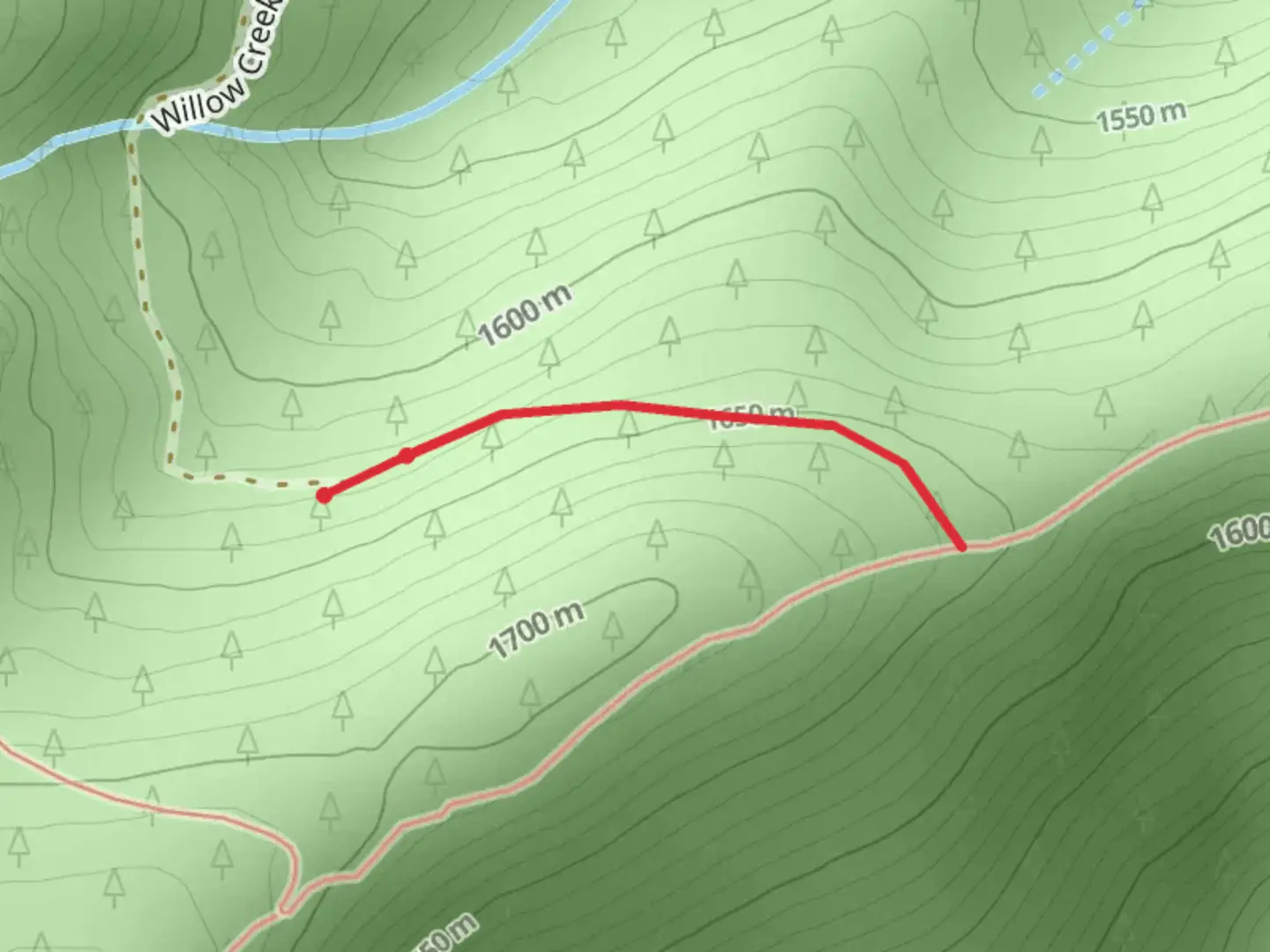 An image depicting the trail Willow Creek Cutoff Trail and its surrounding area.