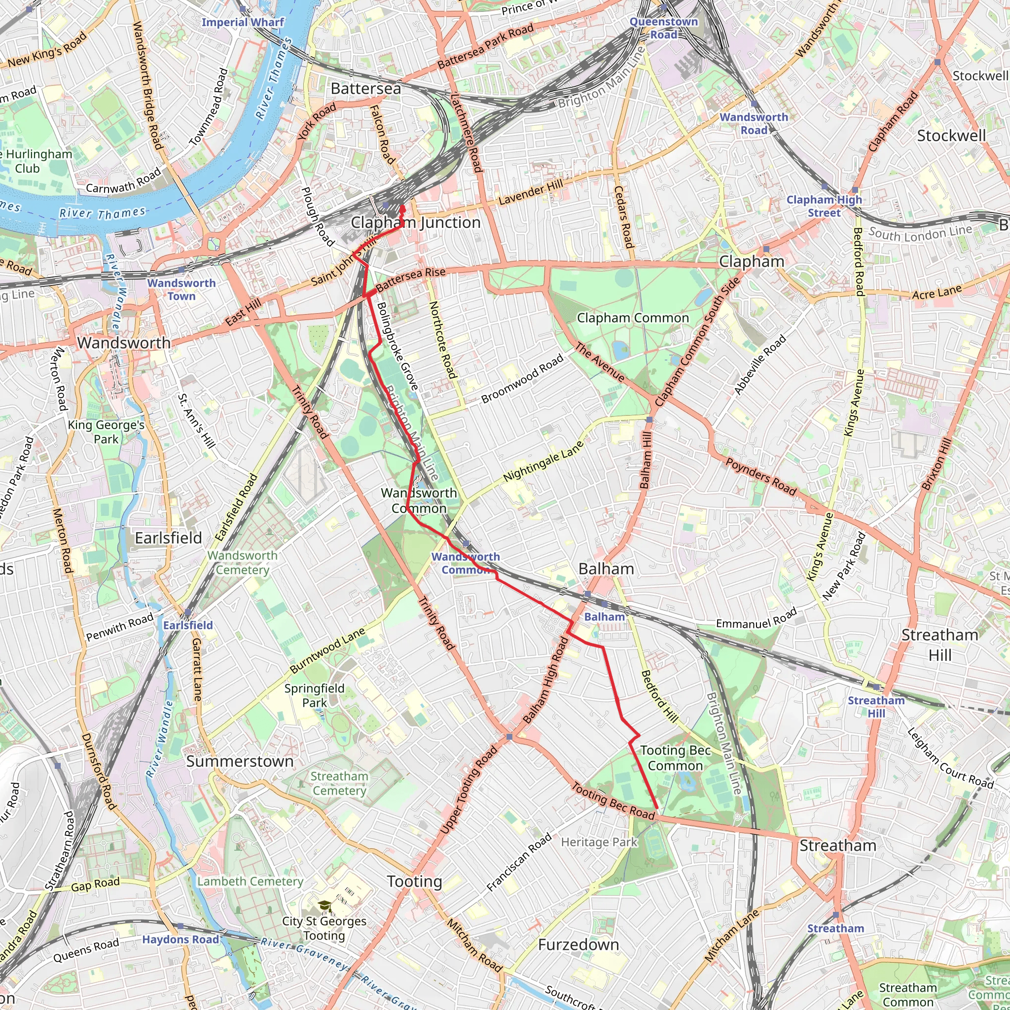 Clapham Junction to Tooting Commons Walk mobile static map