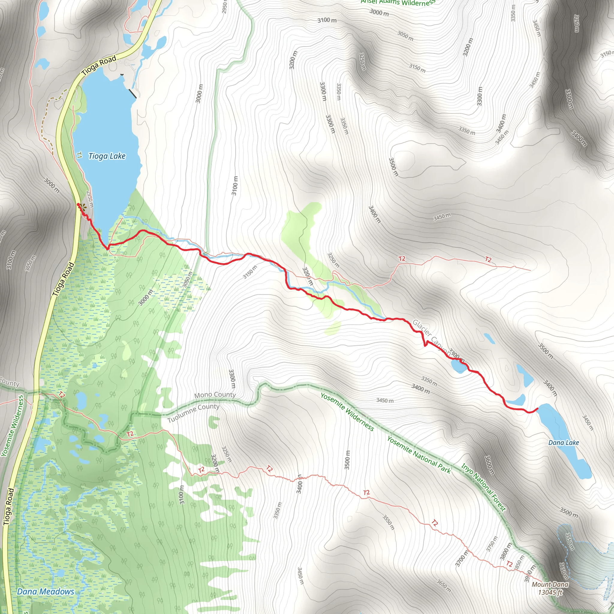 Glacier Canyon to Dana Lake Trail mobile static map