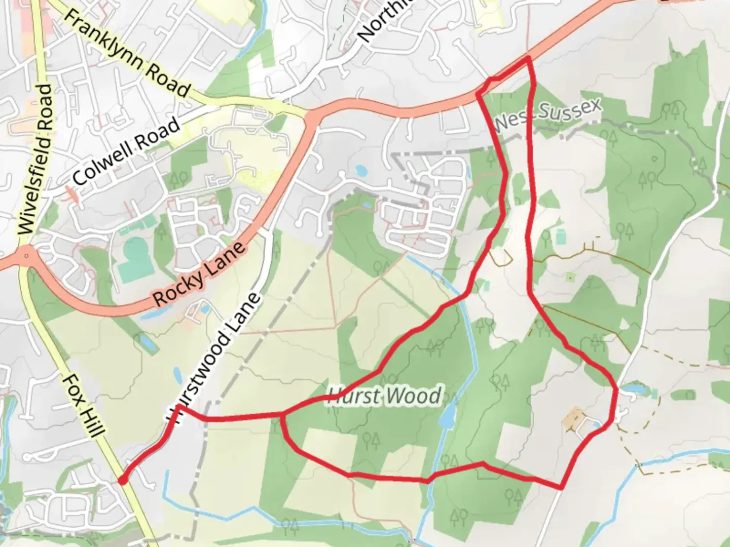 An image depicting the trail Hurst Wood and Dobsons Wood Loop and its surrounding area.
