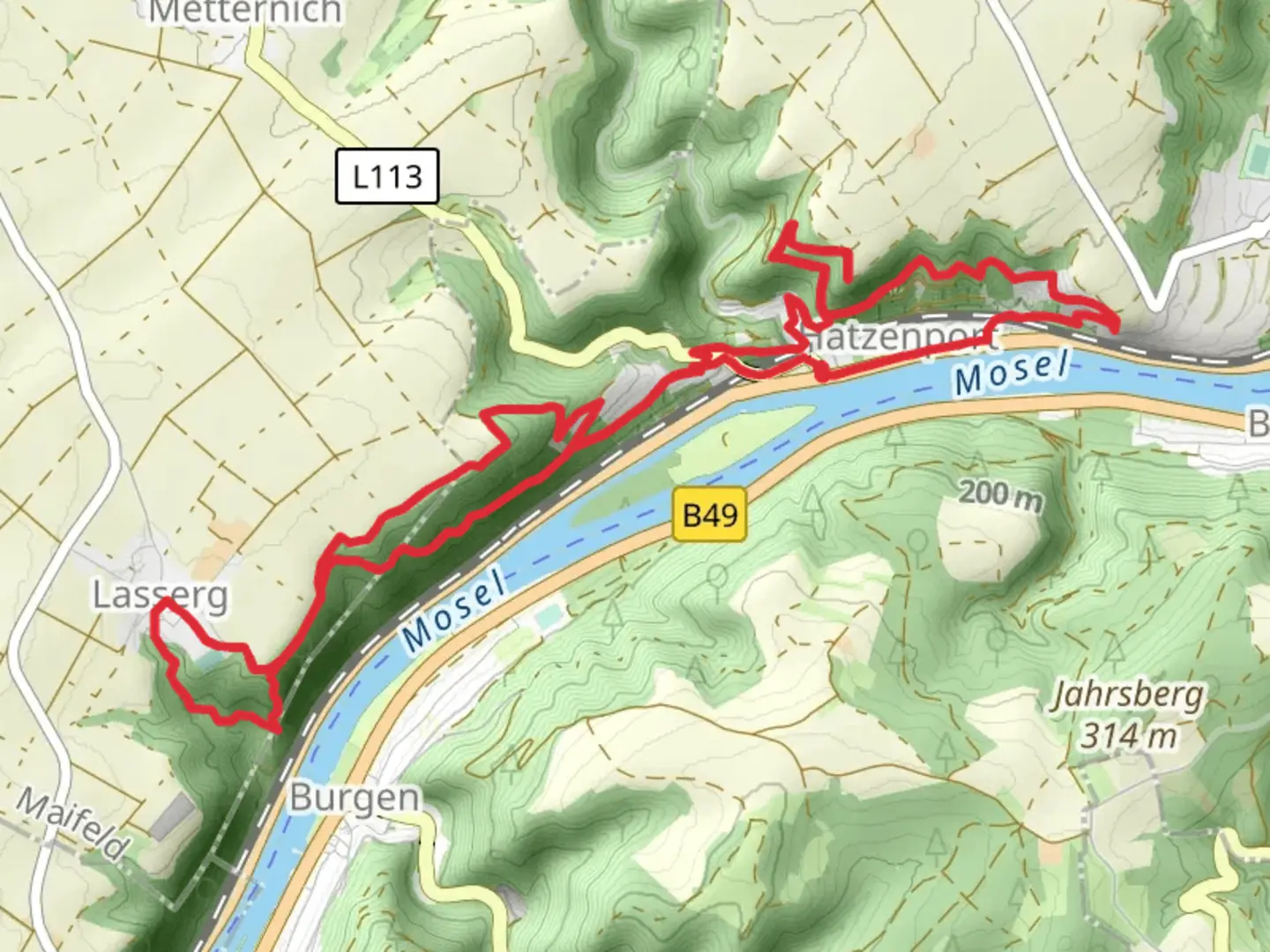 An image depicting the trail Kreuzlay via Moselsteig and Hatzenporter Laysteig and its surrounding area.