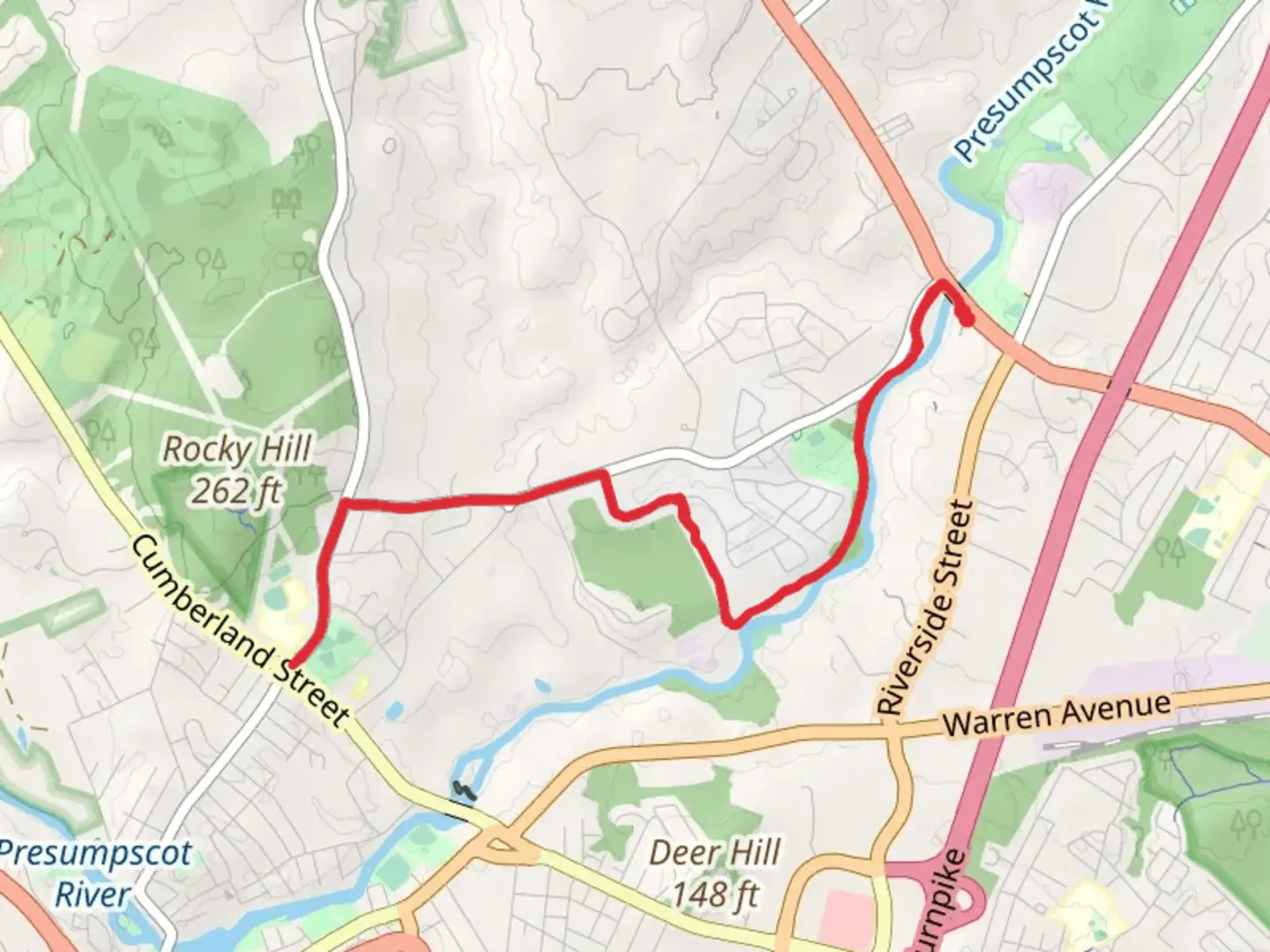 An image depicting the trail Presumpscot River Trail - East Bridge Street Out and Back and its surrounding area.
