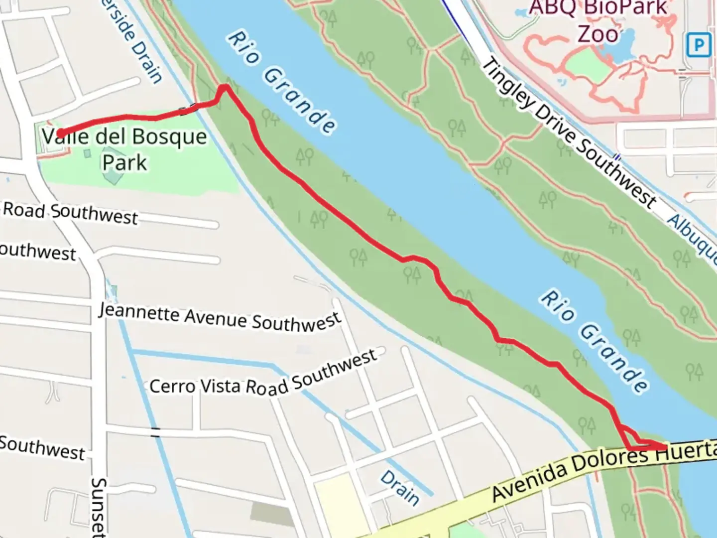 An image depicting the trail Valle del Bosque Park and Rio Grande River and its surrounding area.