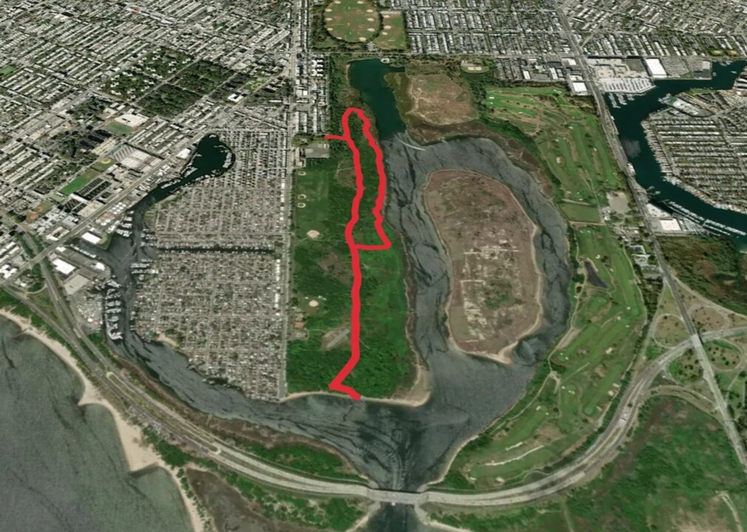 An image depicting the trail Red Trail Loop via Gerritsen Creek and its surrounding area.