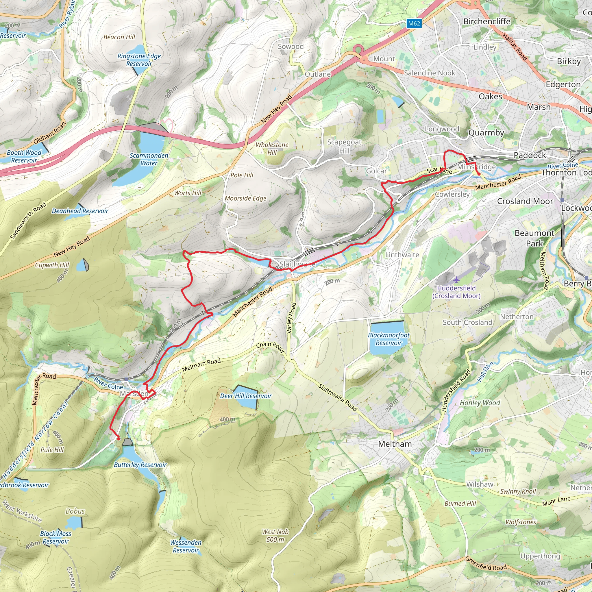 Scar Wood, Huddersfield Narrow Canal and Slaithewaite Reservoir Walk mobile static map