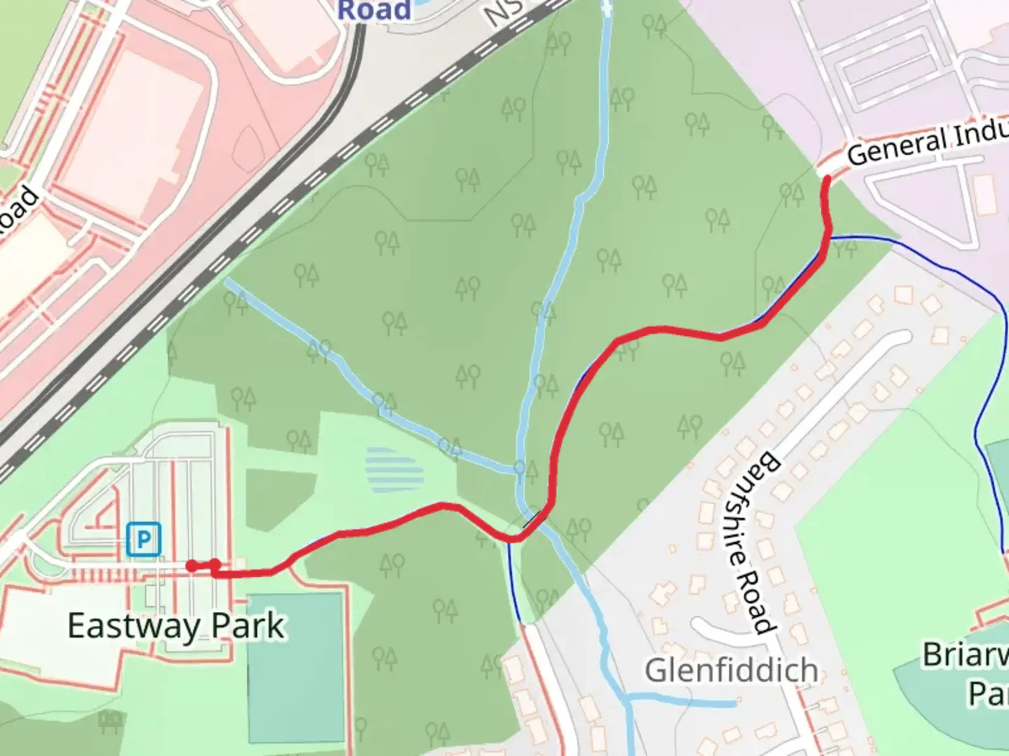 An image depicting the trail Eastway Park Walk and its surrounding area.