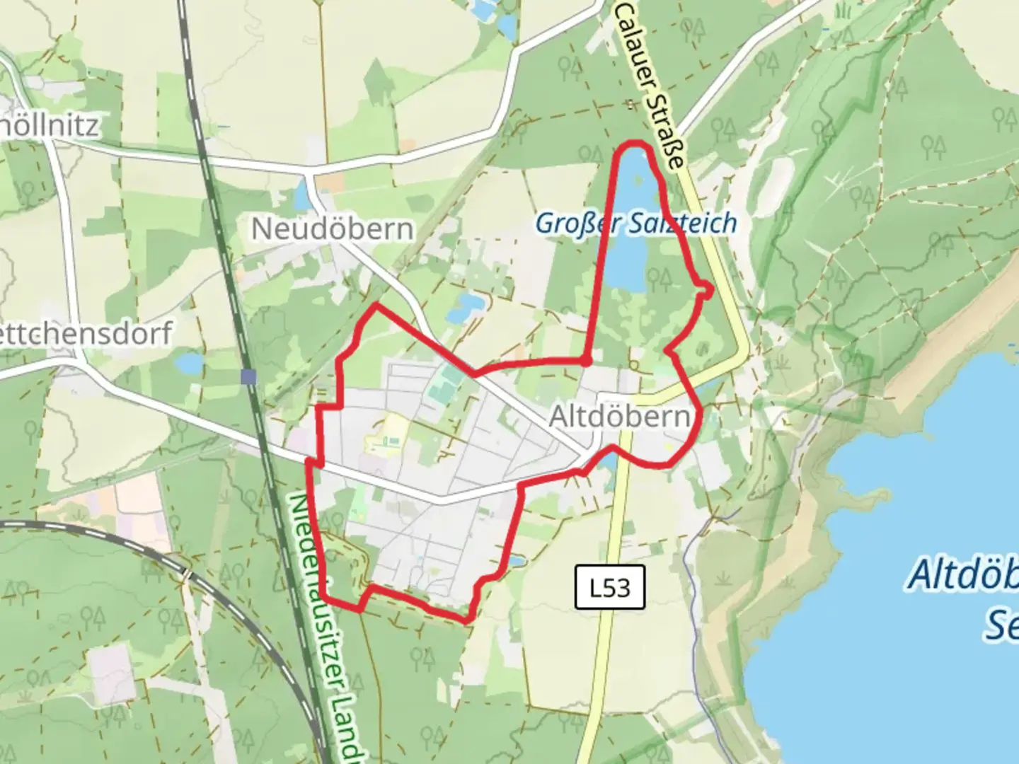 An image depicting the trail Grosser Salzteich and Schmiedsteich via Rundwanderweg Alt Doebern and its surrounding area.