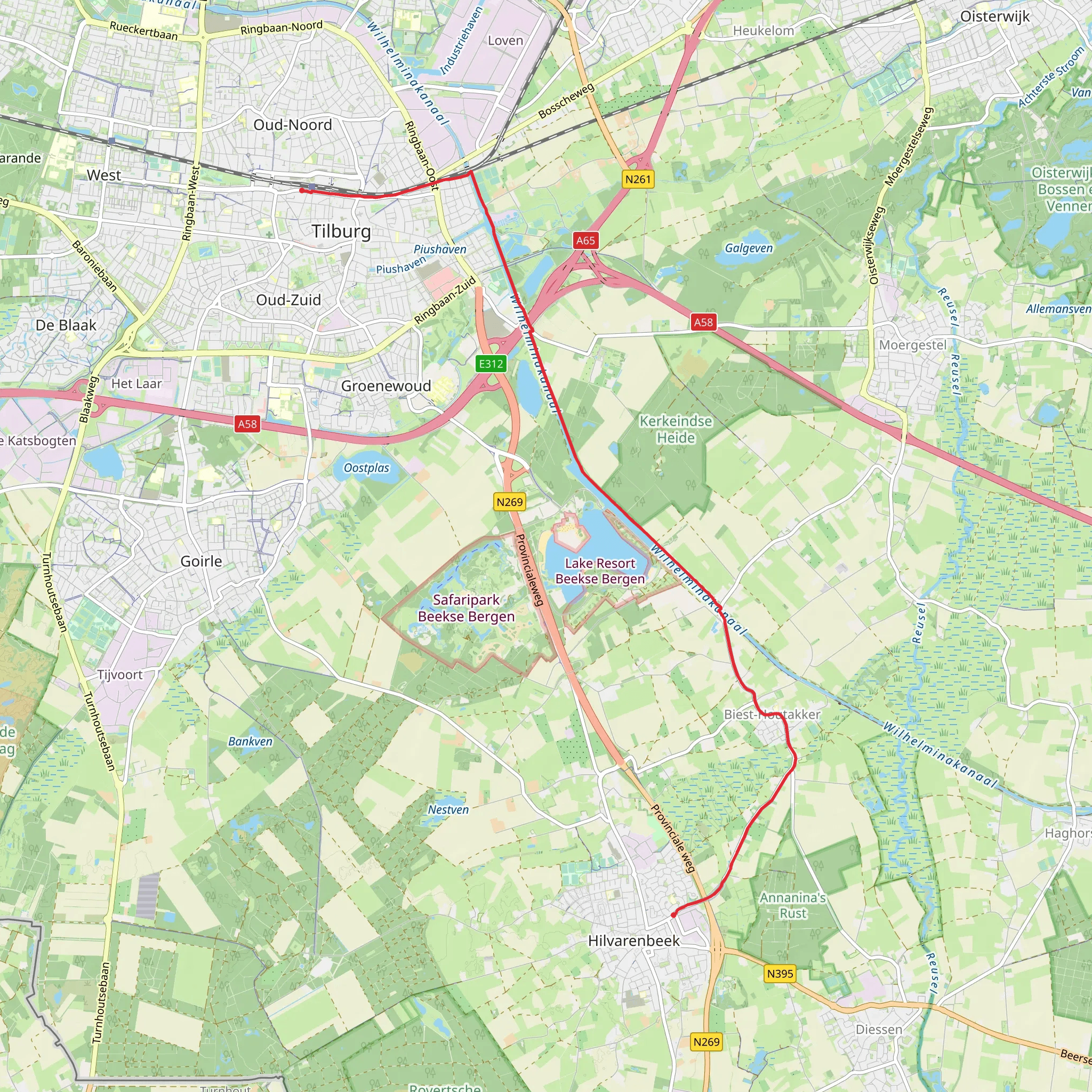 Tilburg to Hilvarenbeek via De koningshoeven mobile static map