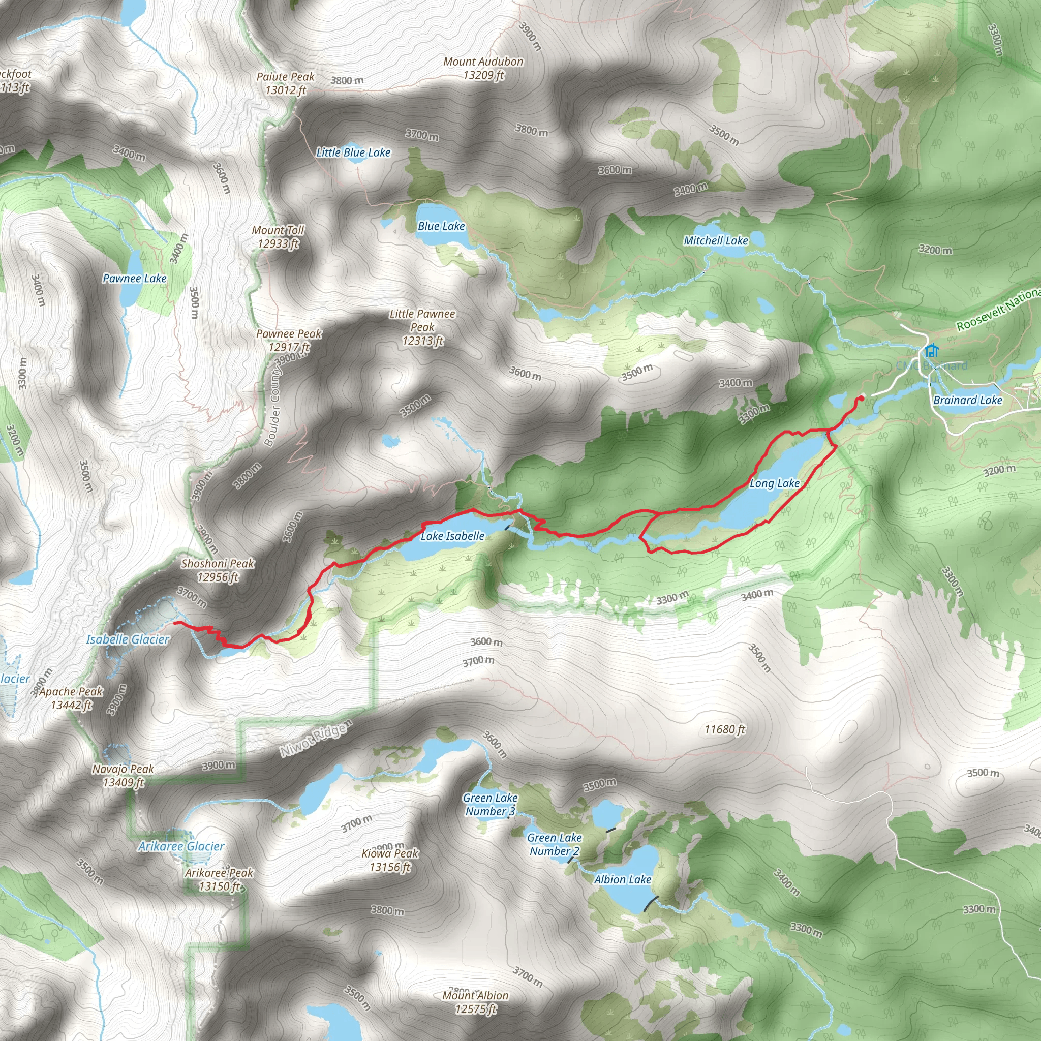 Long Lake and Lake Isabelle via Pawnee Pass Trail mobile static map