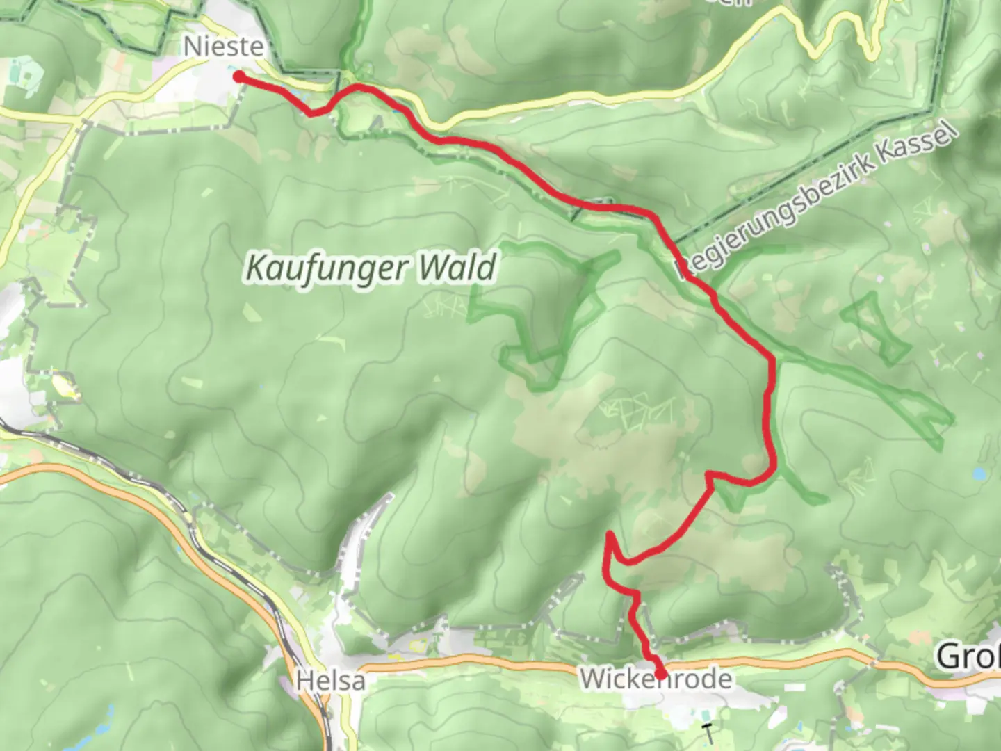 An image depicting the trail Wickenrode to Nieste Walk via Oberes Niestetal and its surrounding area.