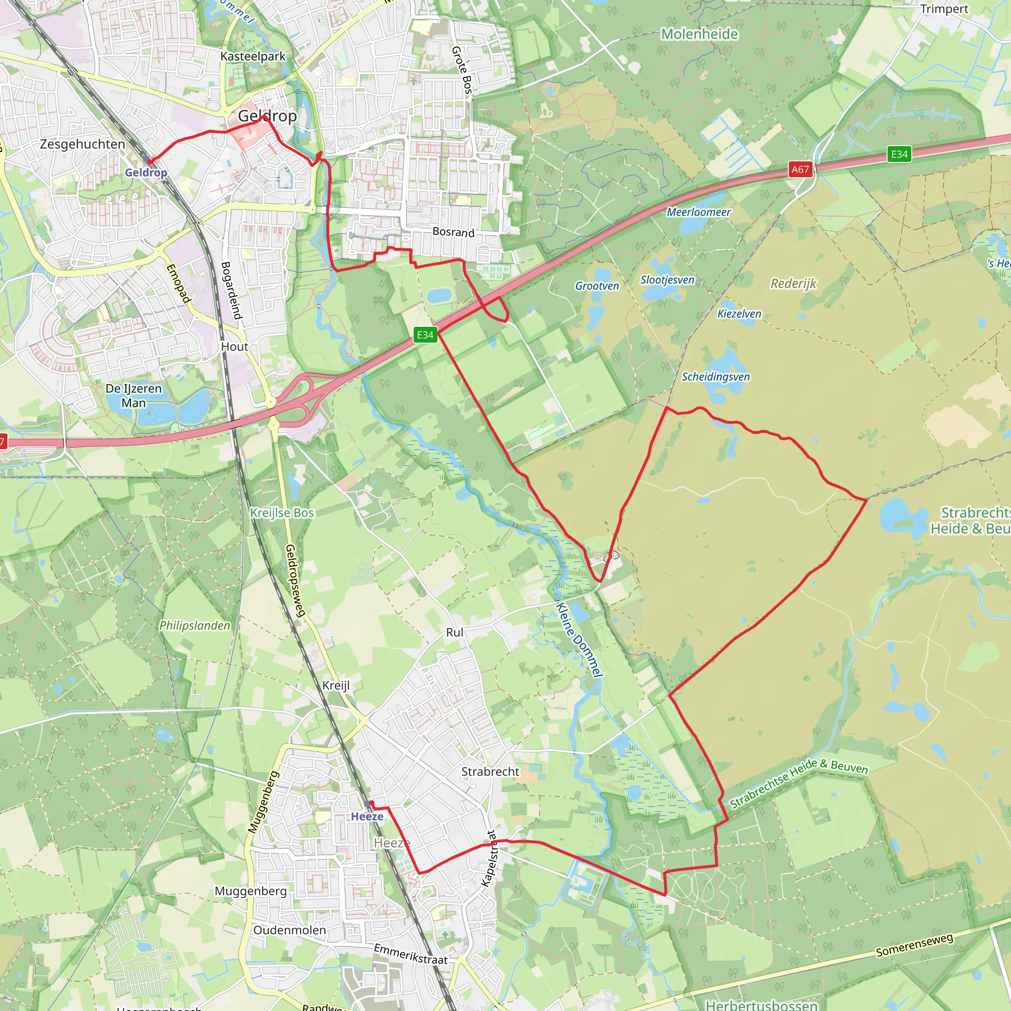 Heeze to Geldrop via Herbertusbossen and Strabrechtsche Heide mobile static map