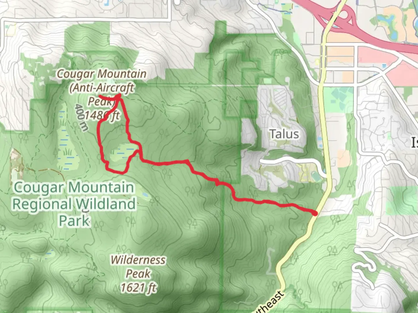 An image depicting the trail Cougar Mountain via Harvey Manning Trail and Bear Ridge Trail and its surrounding area.