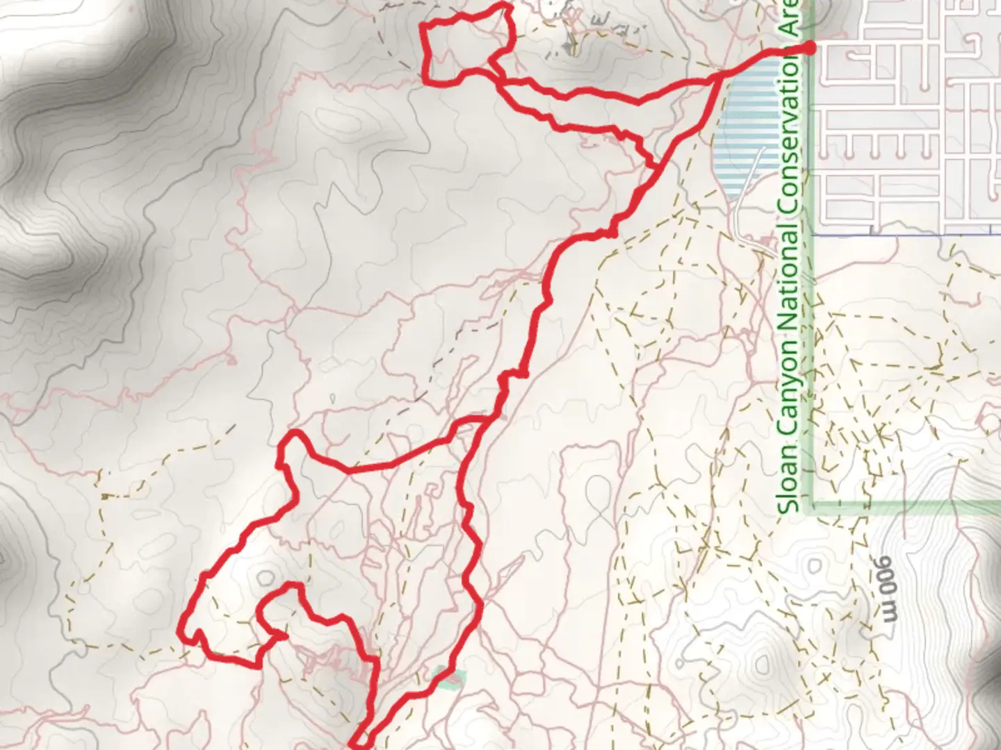 An image depicting the trail McCullough Hills Trail, Sidepipe and Nitro Super G Loop and its surrounding area.