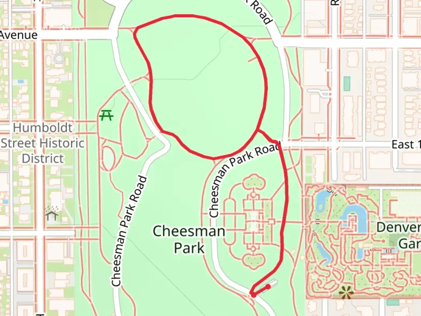An image depicting the trail Cheesman Park Loop - North and its surrounding area.