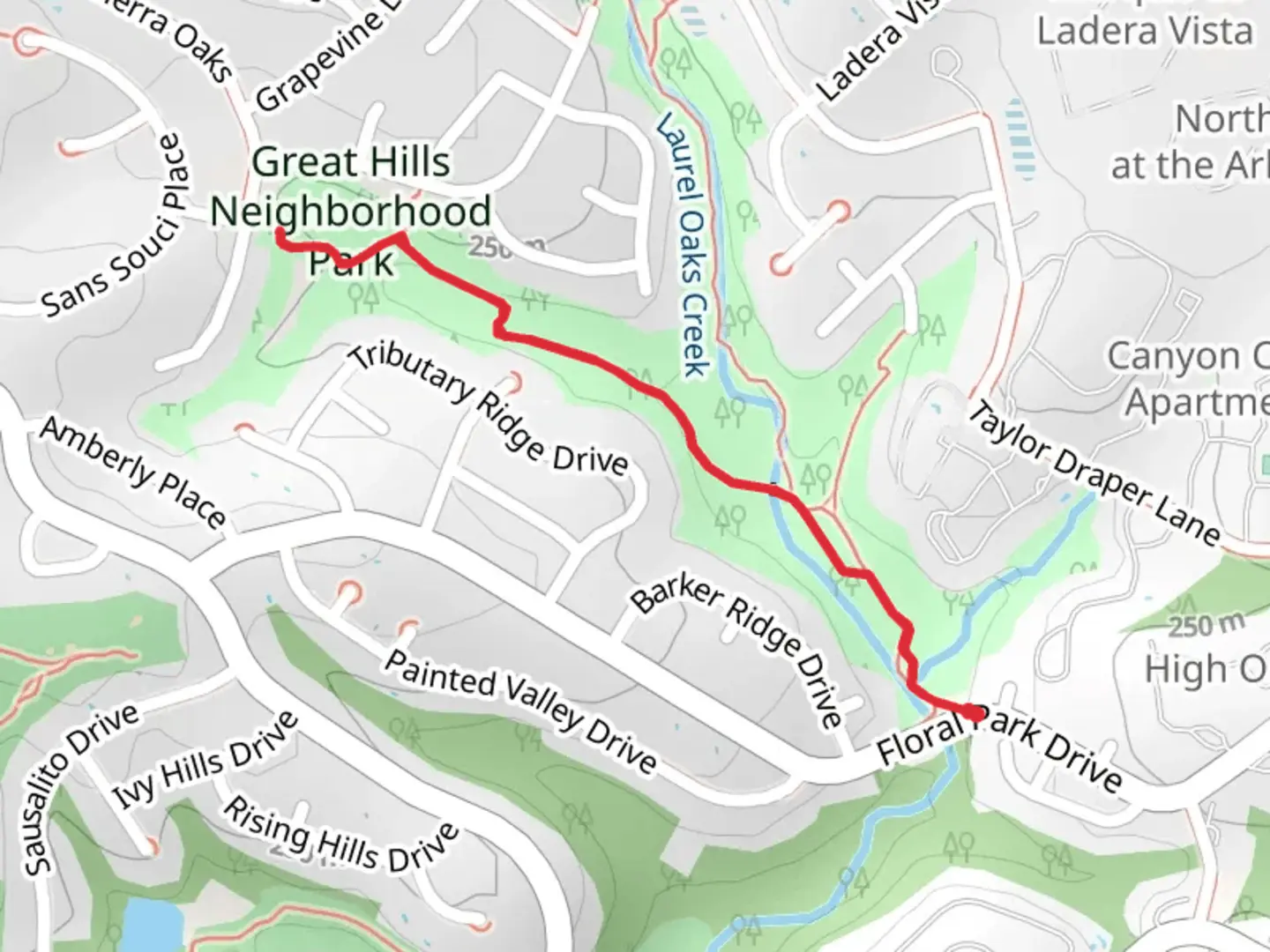 An image depicting the trail Great Hills Neighborhood Park and its surrounding area.