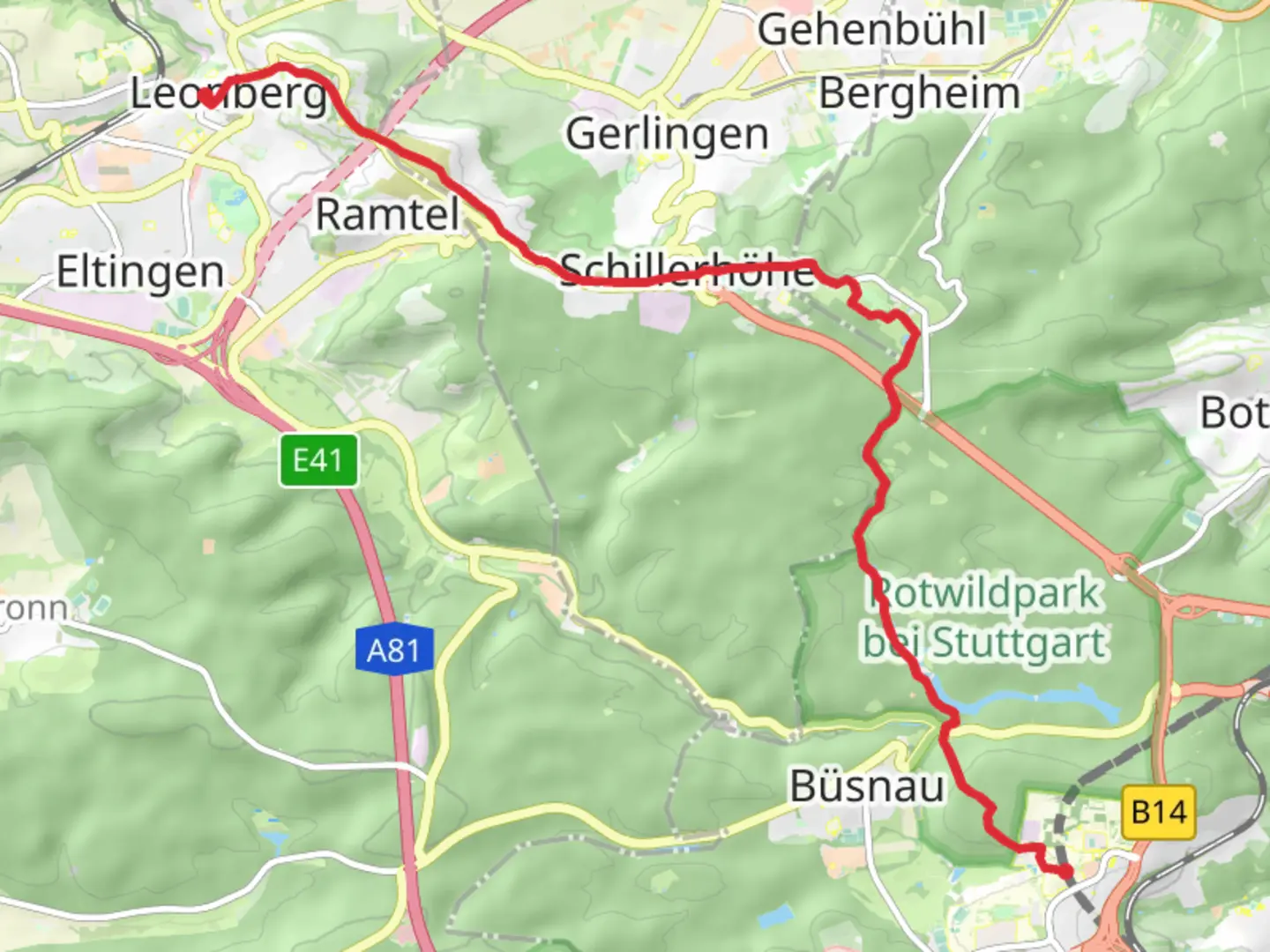 An image depicting the trail Stuttgart Universität to Leonberg via Mauswegle Bernhardsbachsträßle and its surrounding area.
