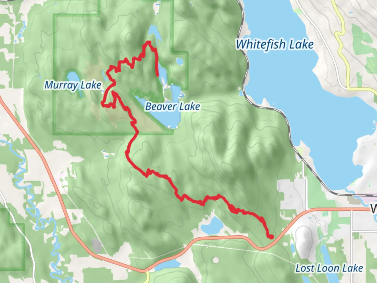 An image depicting the trail Little Beaver Lake and Rainbow Lake via Whitefish Trail and its surrounding area.