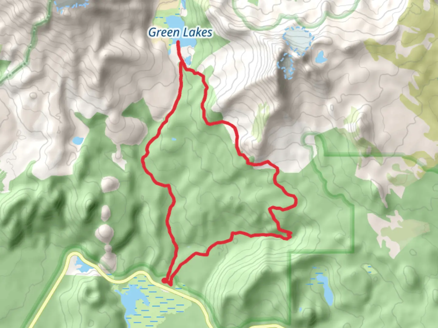 An image depicting the trail Fall Creek, Green Lakes via Broken Top Trail and Soda Creek Trail Loop and its surrounding area.