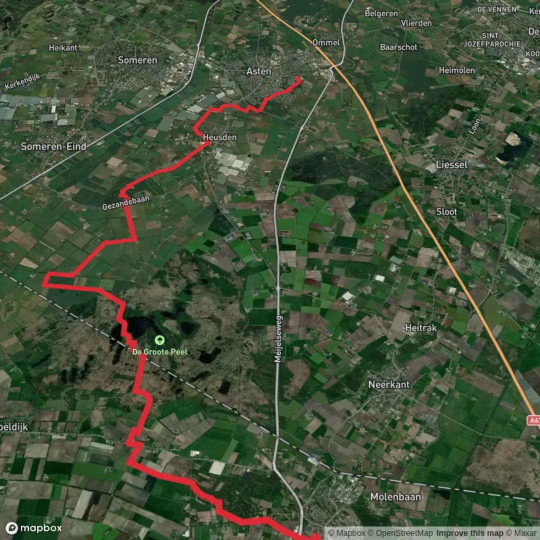 An image depicting the trail Willemsplantson to Plutostraat via Aan t Elfde and Witte Bergen and its surrounding area.