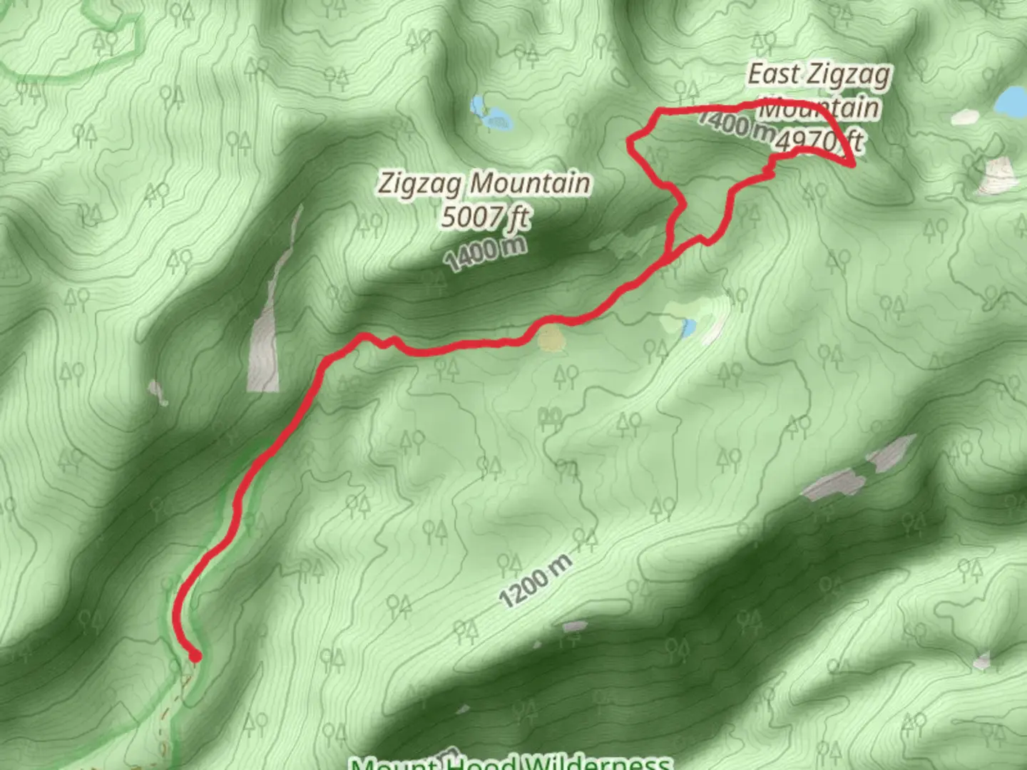 An image depicting the trail East Zigzag Mountain via Burnt Lake Trail and Devil's Tie Trail and its surrounding area.