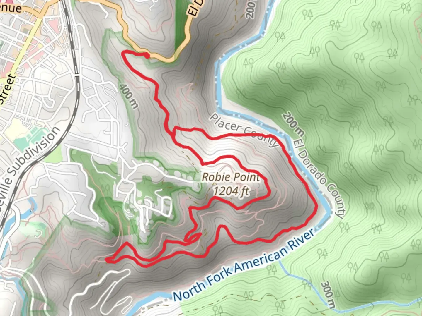 An image depicting the trail Robie Point Fire Break Trail, Riverview Trail and Tamaroo Bar Trail Loop and its surrounding area.