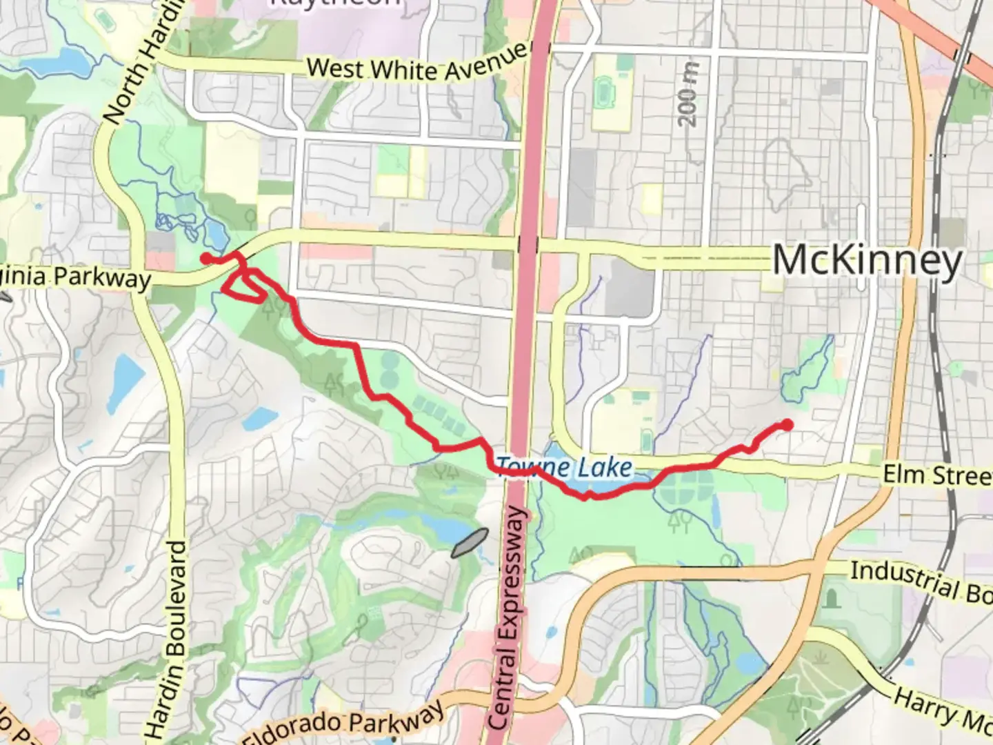 An image depicting the trail Wilson Creek Trail and Towne Lake and its surrounding area.