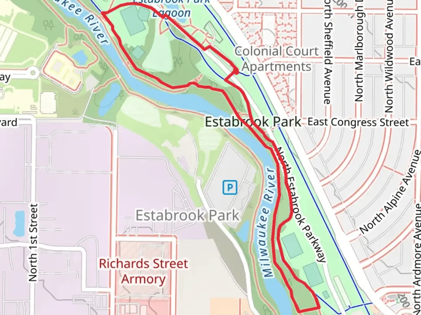 An image depicting the trail Estabrook Park - Milwaukee River Loop Trail and its surrounding area.