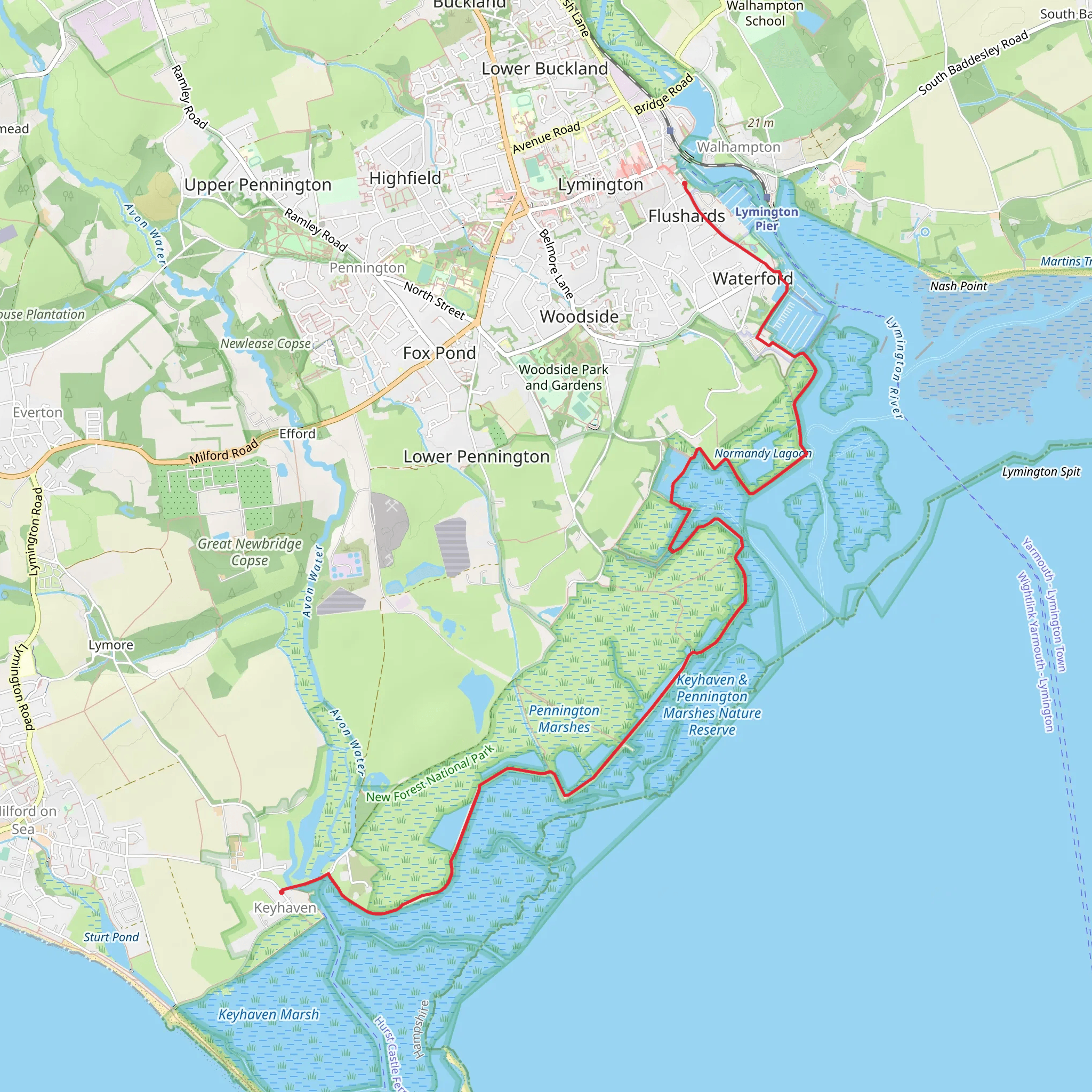 Oxey Lake and Lymington-Keyhaven Marshes Nature Reserve via Solent Way mobile static map