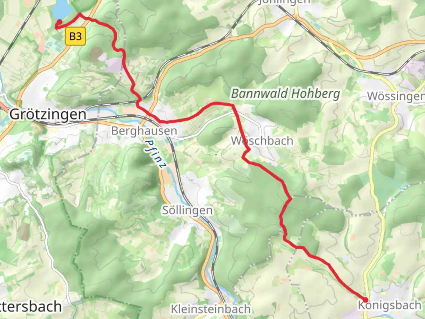 An image depicting the trail Königsbach to Hundebereich via Hummelberg S-Bahn - Grosser Wald and its surrounding area.
