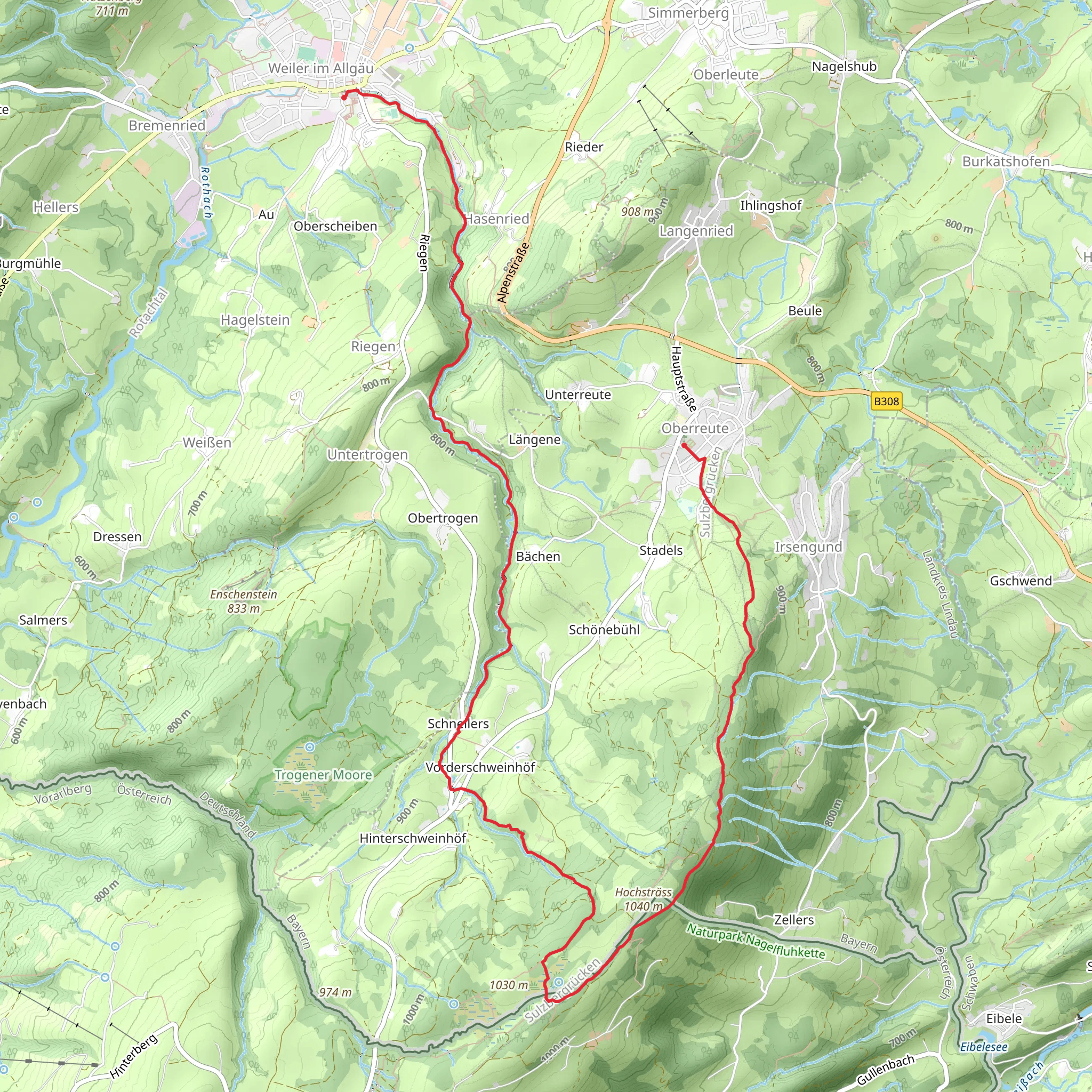 Oberreute to Weiler im Allgäu via hausbachklamm and Grenzer Pfad mobile static map