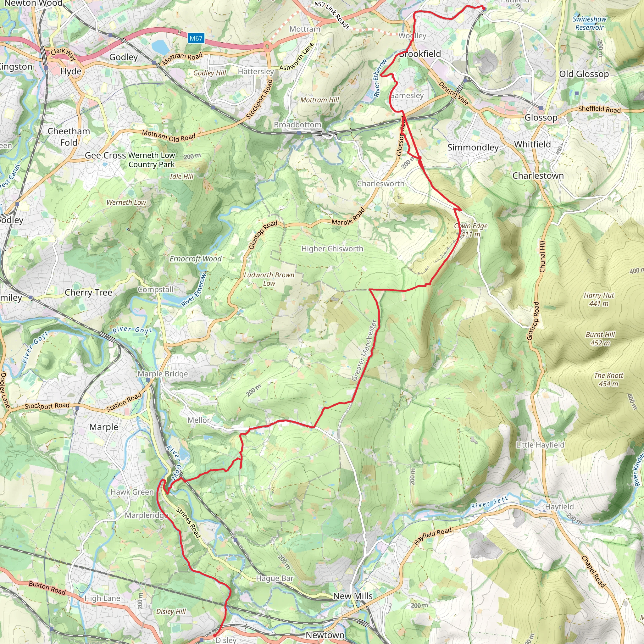 Padfield to Disley Walk mobile static map