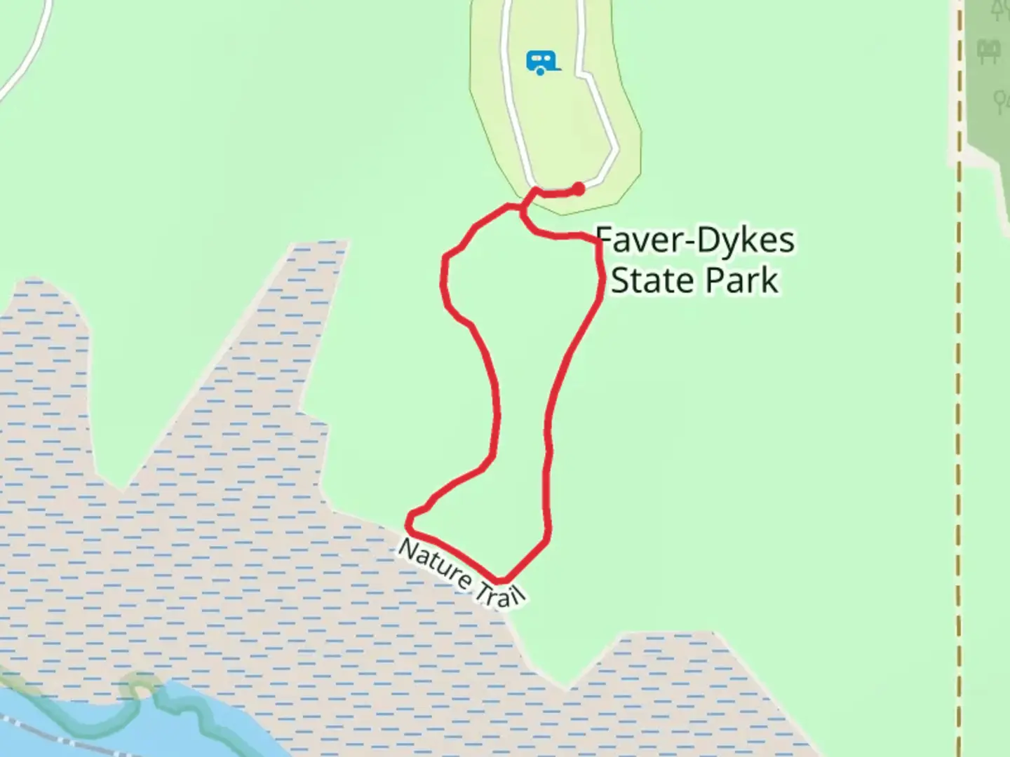 An image depicting the trail Faver-Dykes State Park Loop and its surrounding area.