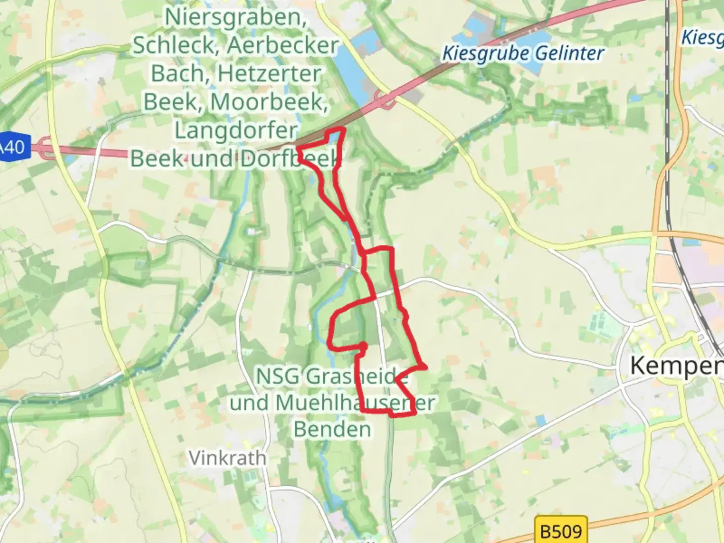 An image depicting the trail Grasheide and Steinkohleweg Orsoy-Hinsbeck and its surrounding area.