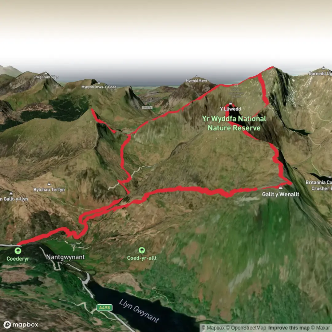 An image depicting the trail Snowdon southern horseshoe and its surrounding area.