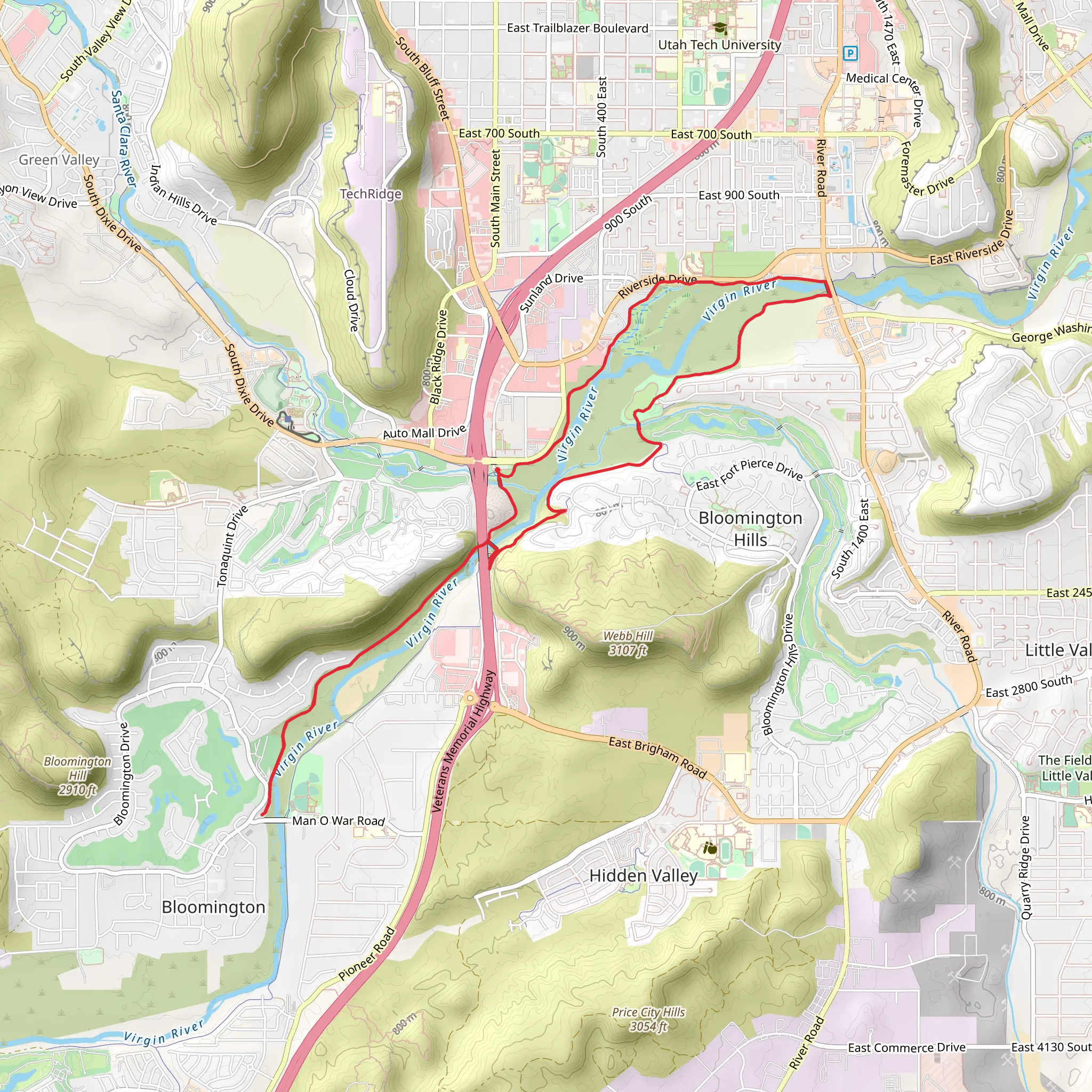 Virgin River Trail and Webb Hill Trail mobile static map