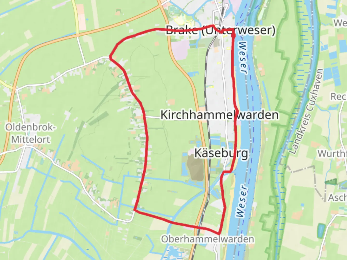An image depicting the trail Kirchhammelwarden Loop and its surrounding area.