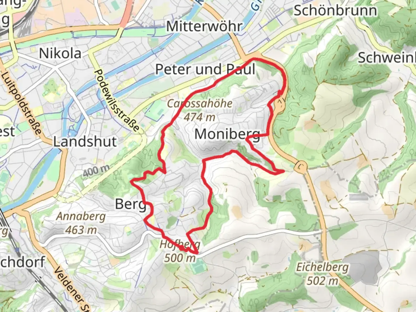 An image depicting the trail Carossahöhe Loop and its surrounding area.