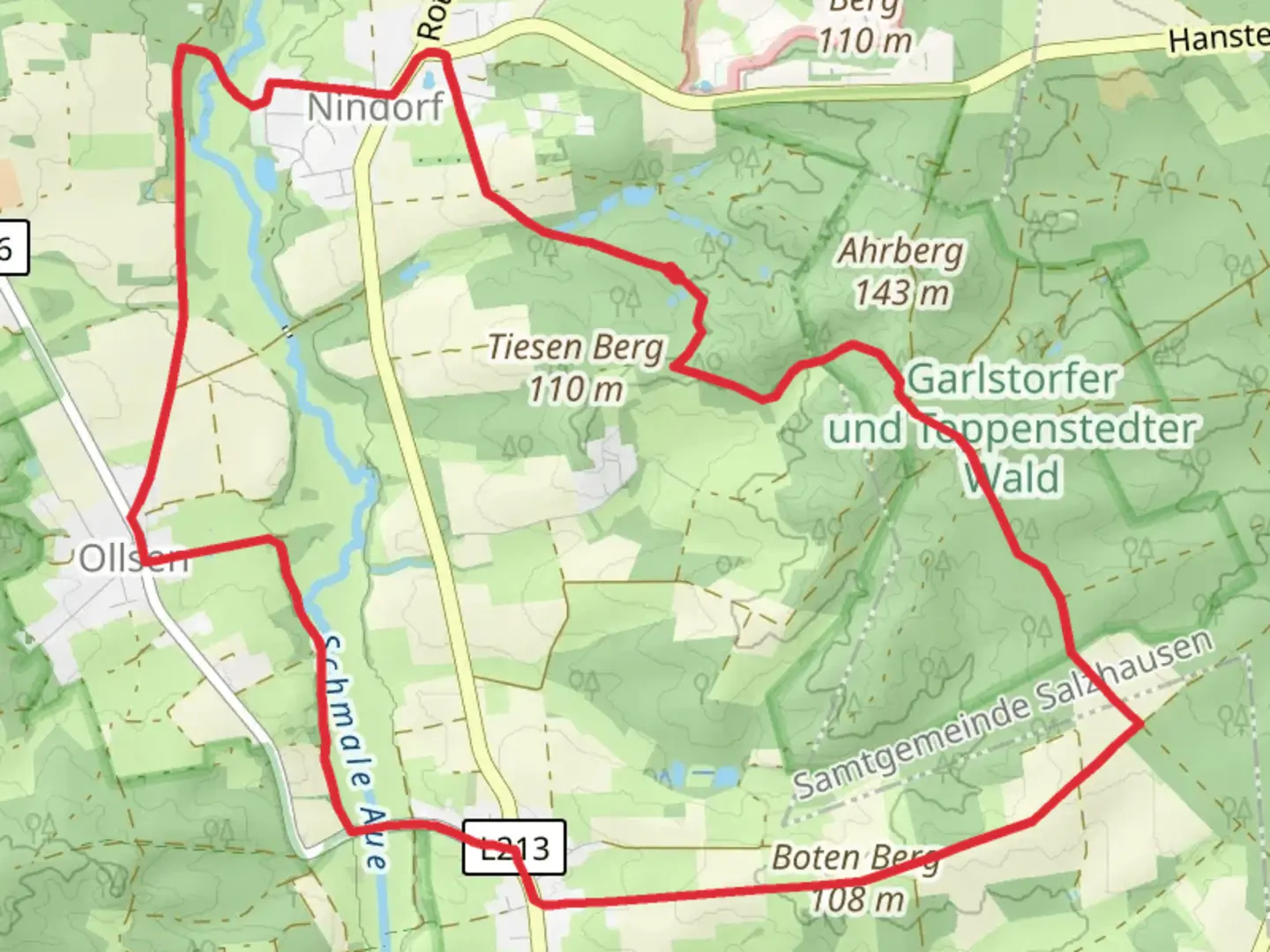 An image depicting the trail Boten Berg via Egestorf and its surrounding area.