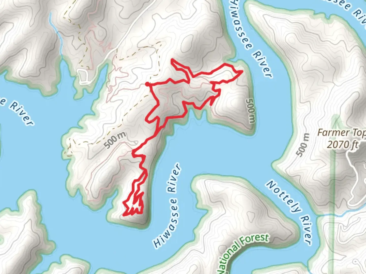 An image depicting the trail Farmer Top Overlook and Ramsey Bend South A Loop and its surrounding area.