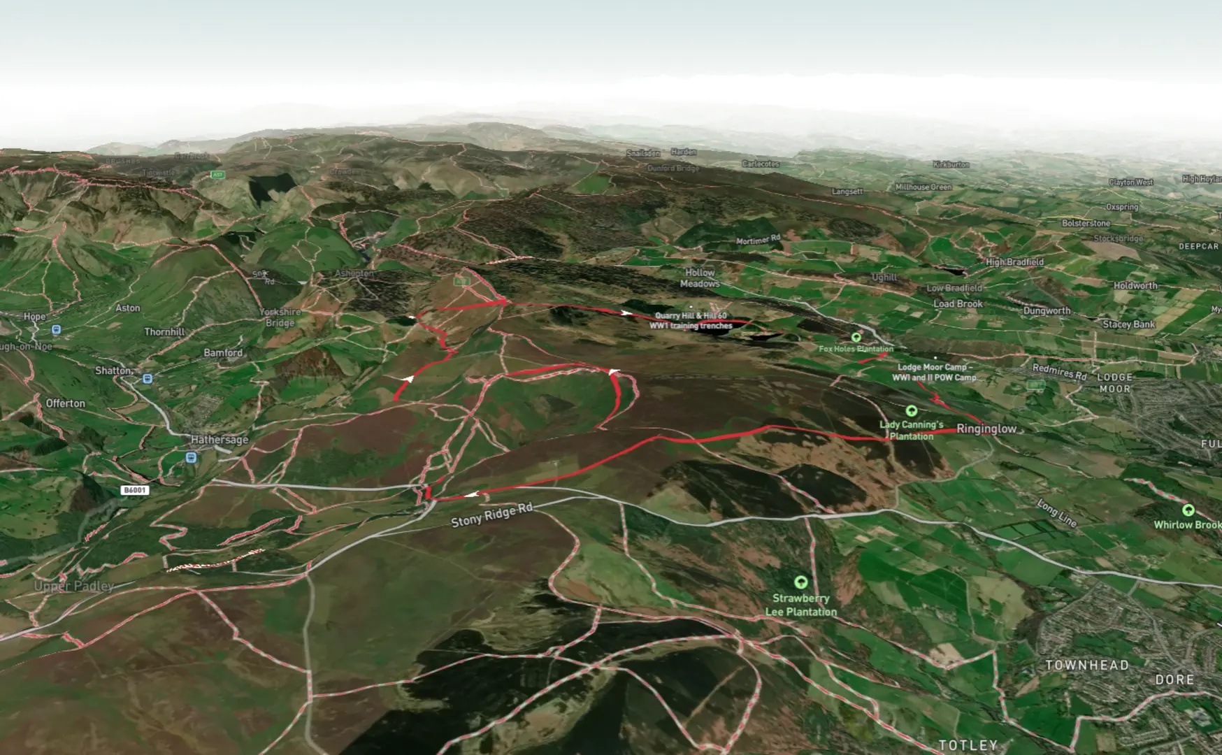 An image depicting the trail Ringinglow Western Loop via Stanedge Pole and Redmires Reservoirs and its surrounding area.