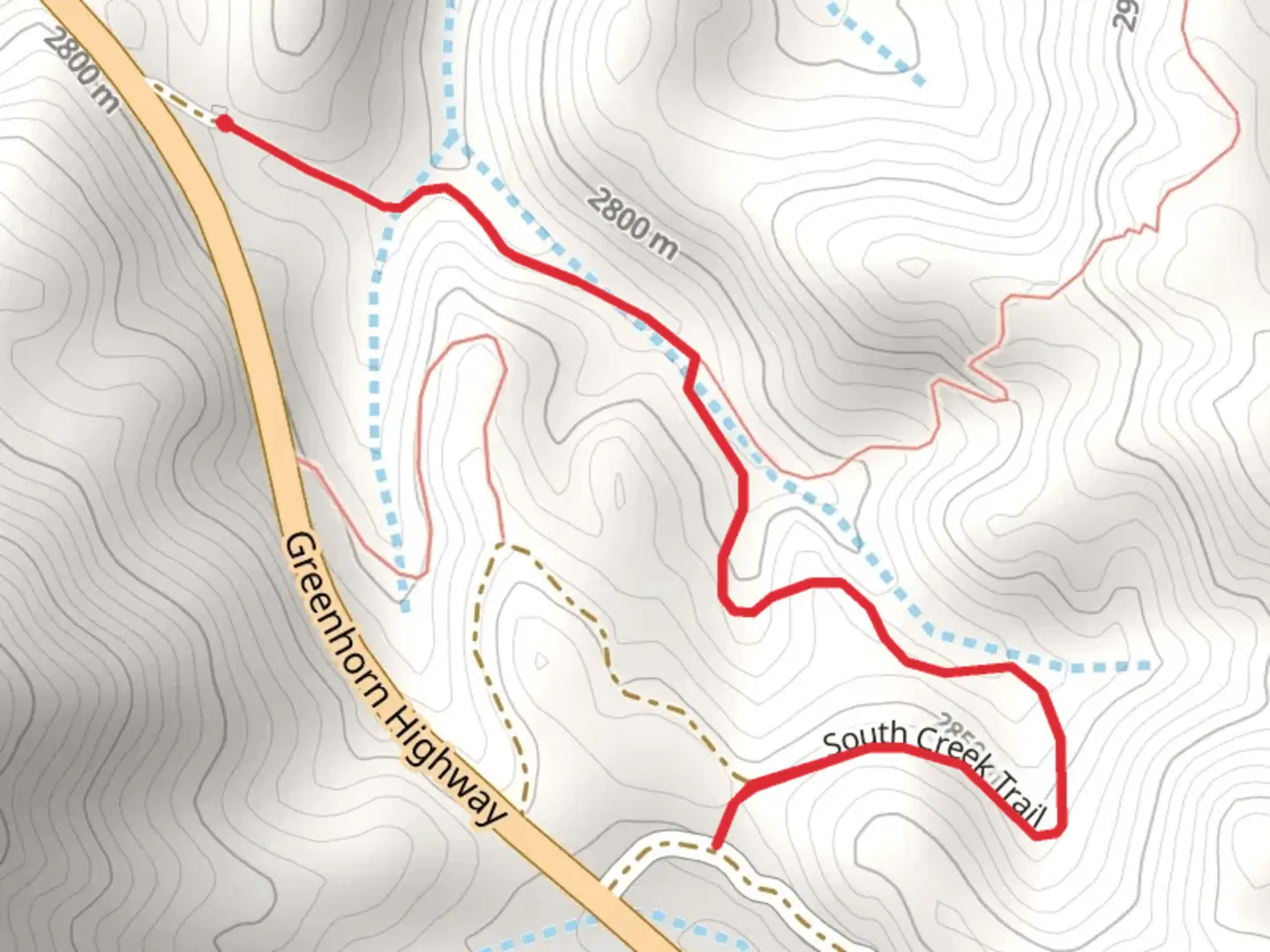 An image depicting the trail South Creek Trail from Greenhorn Highway and its surrounding area.
