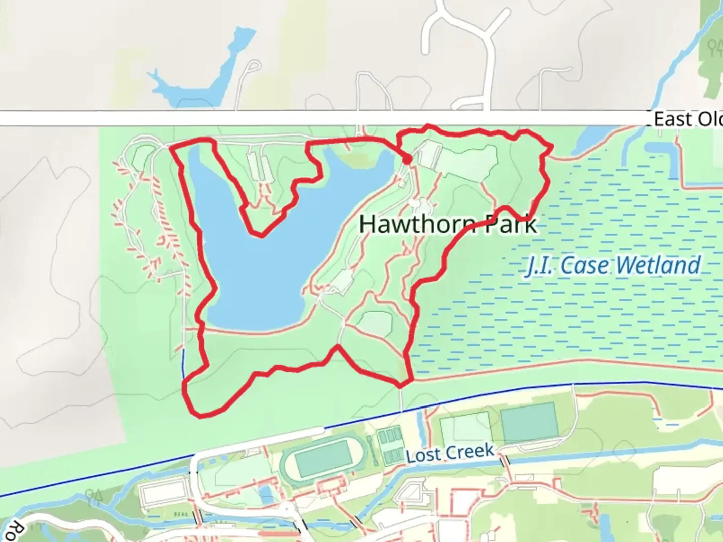 An image depicting the trail Hawthorn Park and Maple Avenue Lake Loop and its surrounding area.