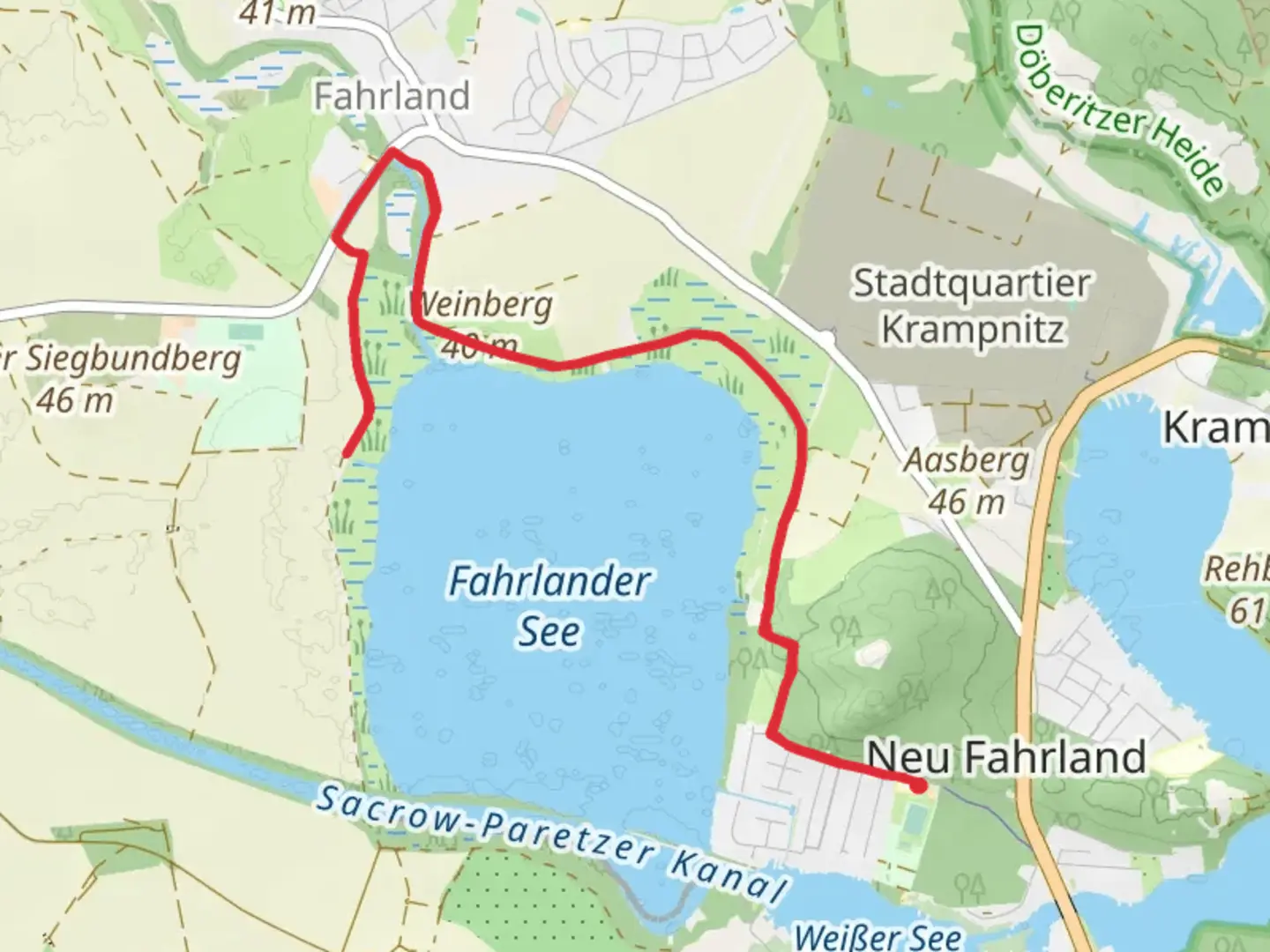 An image depicting the trail Fahrlander See via Weg am Fahrlaender See and Lichtungsweg and its surrounding area.